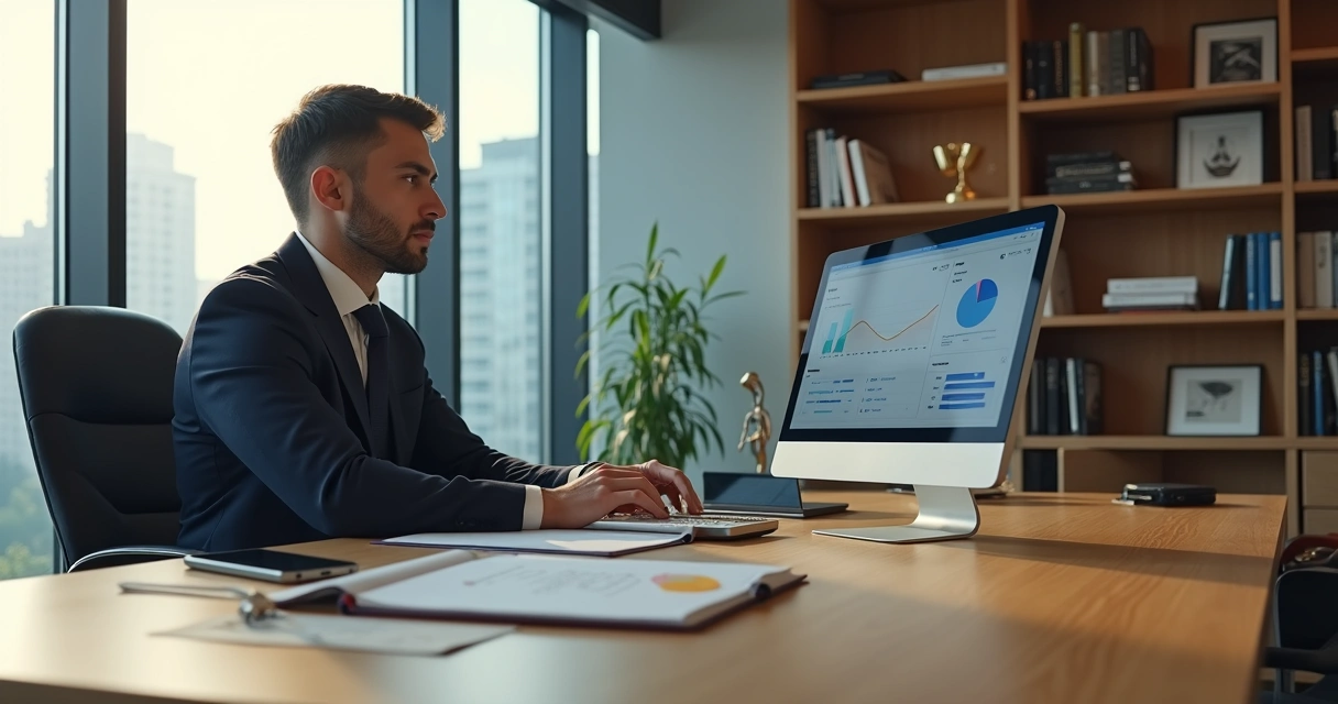 Advogado em escritório moderno planejando estratégias digitais para captar clientes no computador 