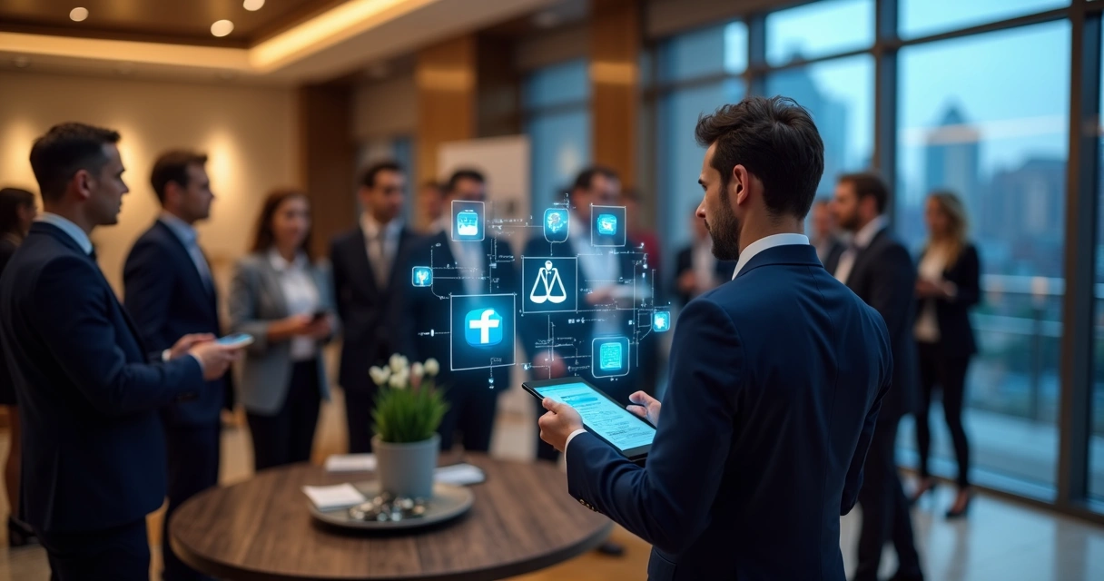 Advogado em evento de networking usando tablet com ícones digitais de justiça ao fundo 