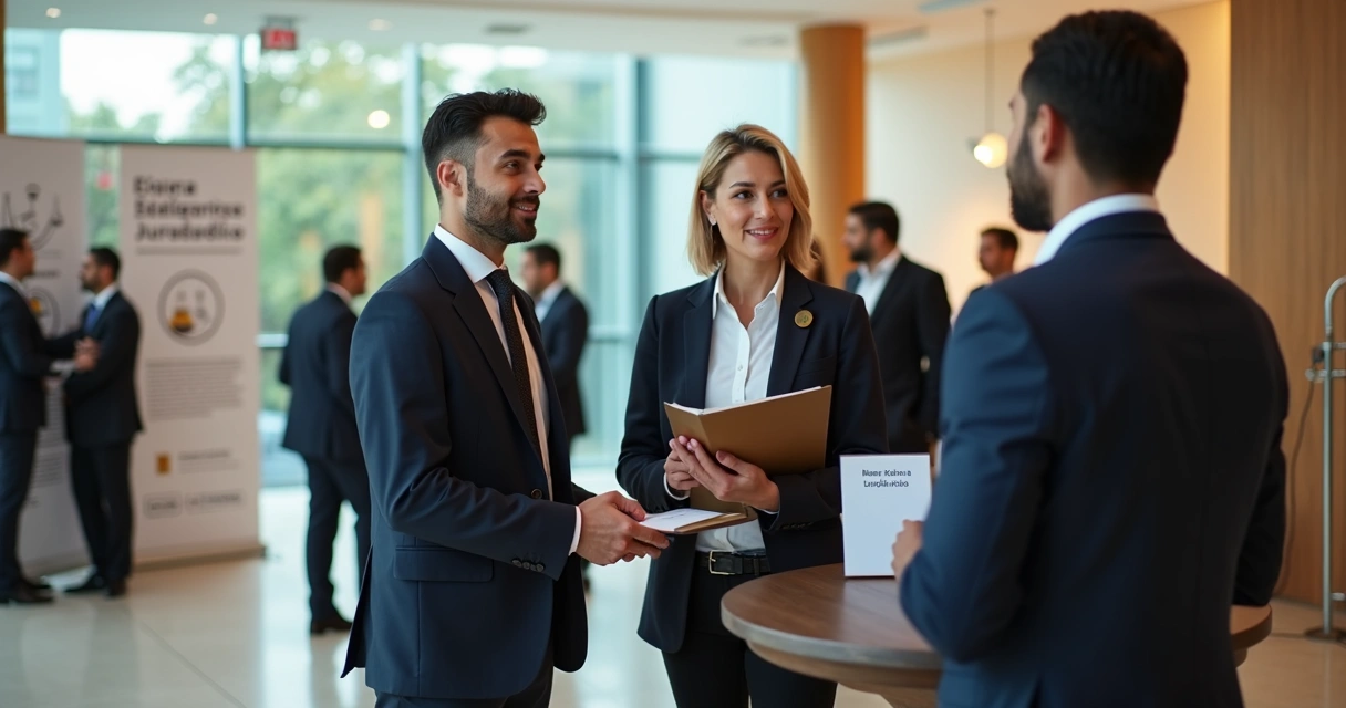 Advogados conversando com potencial cliente em ambiente de networking jurídico profissional 