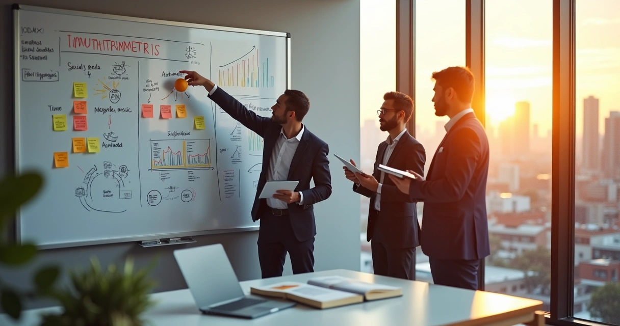 Advogados analisam painel de estratégias e metas em escritório moderno 