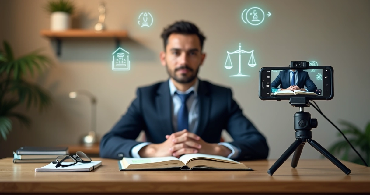 Advogado em estúdio simples gravando conteúdo jurídico para redes sociais 