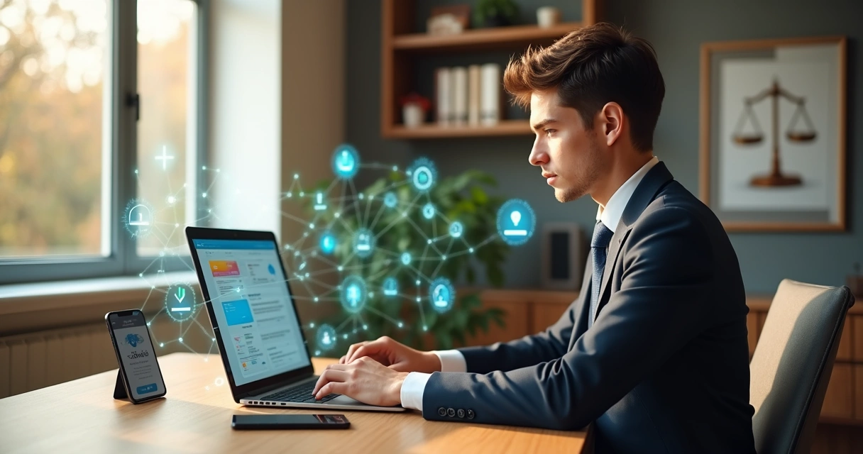 Advogada organiza rotina jurídica em mesa com notebook, tablet e ícones digitais flutuando 