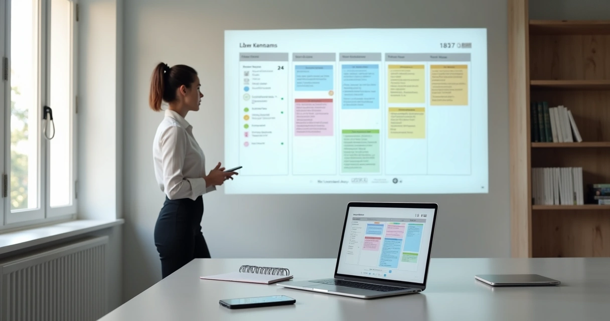 Advogada planejando tarefas jurídicas em quadro kanban digital na parede 