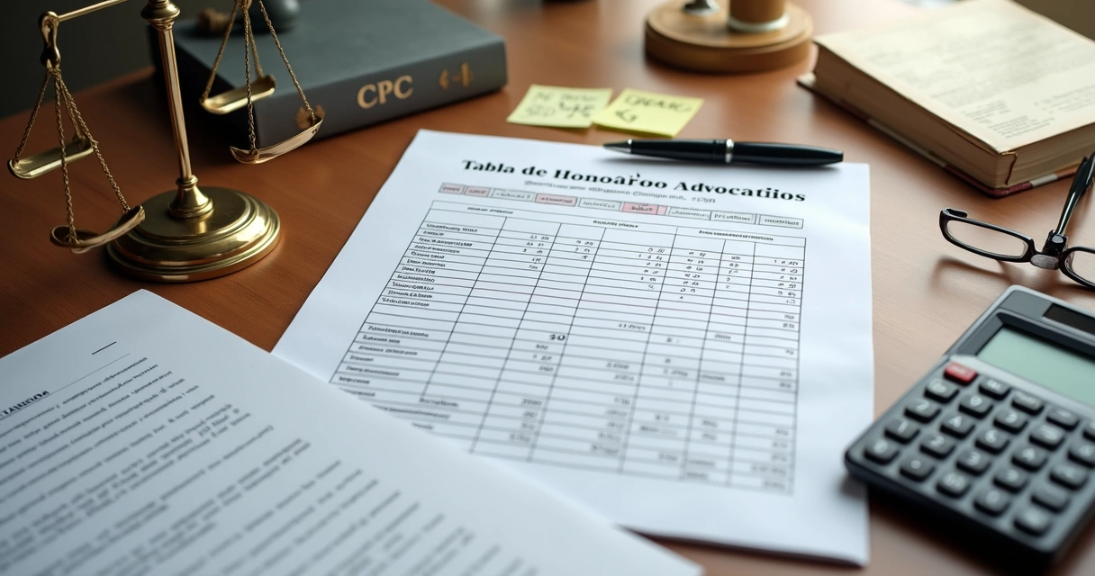 Tabela de honorários advocatícios impressa ao lado de calculadora e contrato assinado 