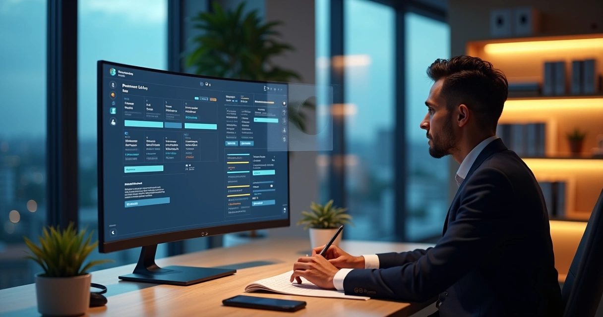 Advogada organiza tarefas jurídicas em painel digital com ícones de produtividade 