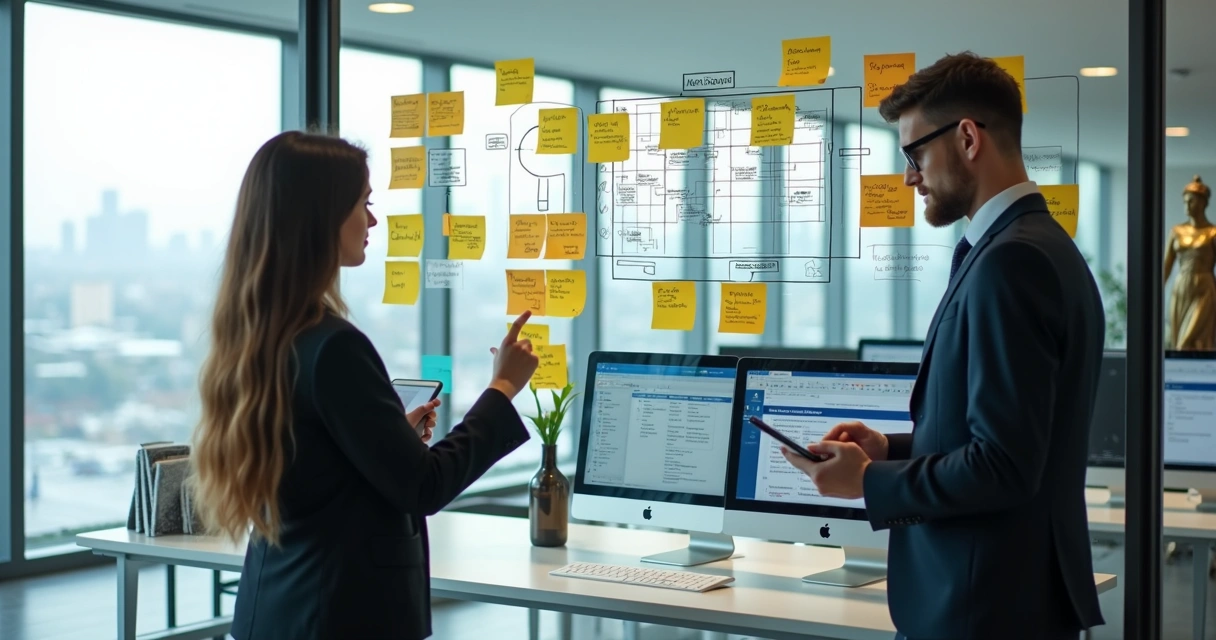 Advogados analisando fluxos de trabalho em mural de vidro 